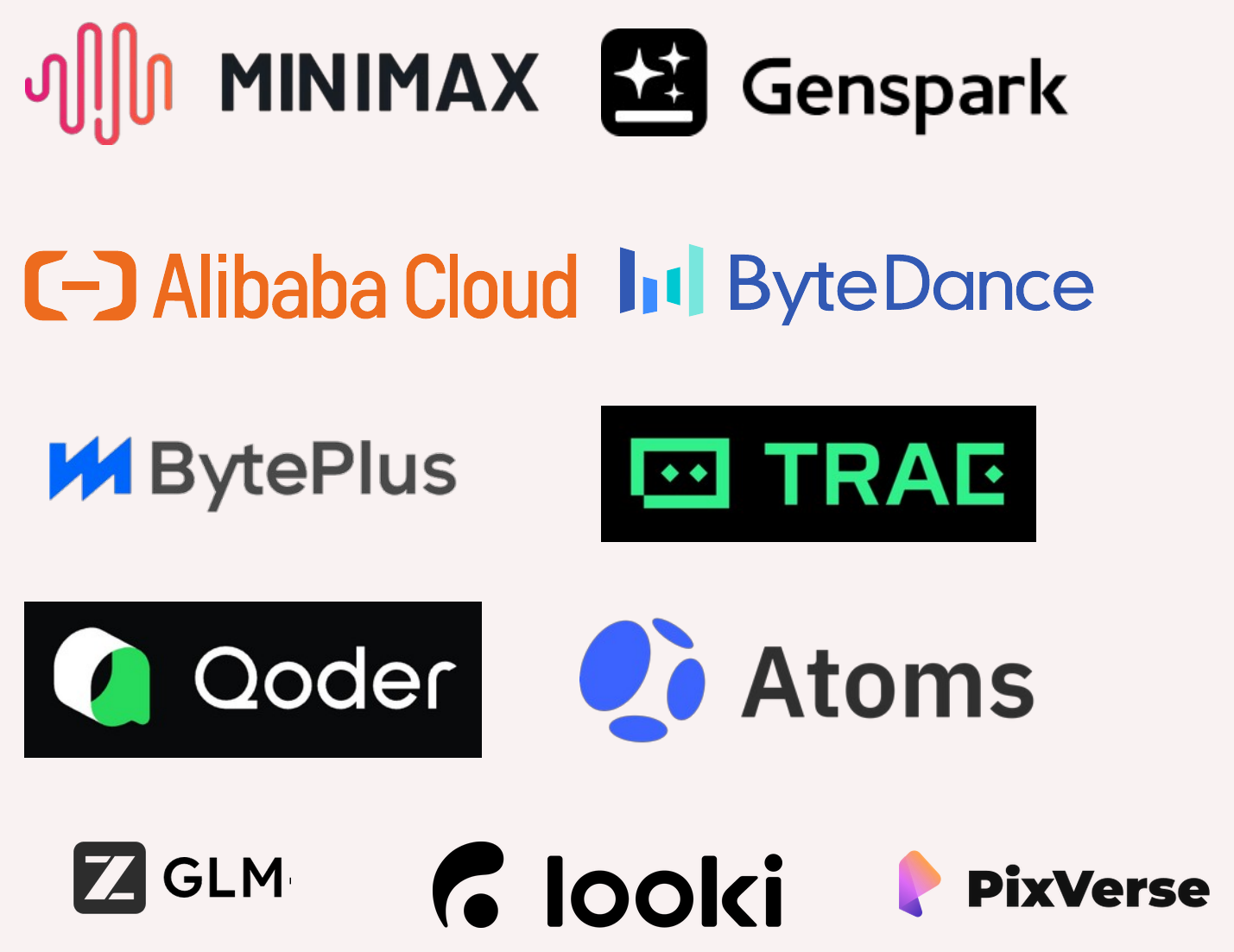 Partnerly 合作的 AI 公司 Logo，包括 MiniMax、Genspark、Alibaba Cloud、ByteDance、BytePlus、TRAE、Qoder、Atoms、GLM、Looki 和 PixVerse